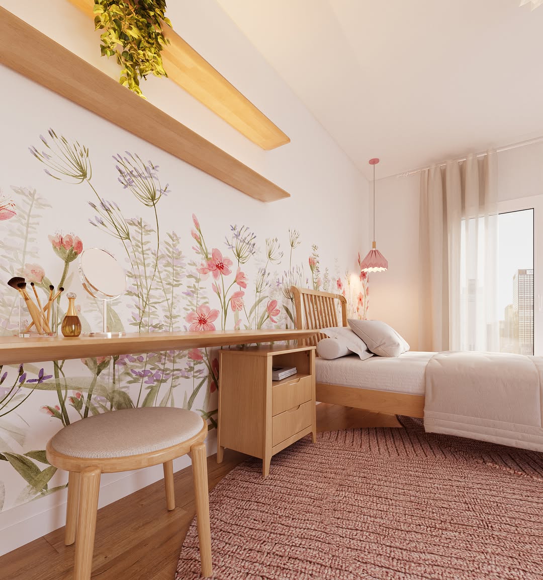 Delicadeza e serenidade se entrelaçam neste espaço, onde o papel de parede floral aquarelado evo