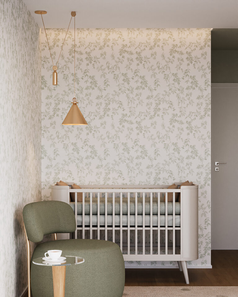 Um refúgio de calmaria e afeto.Nesse quarto de bebê, o verde oliva abraça o ambiente com serenid
