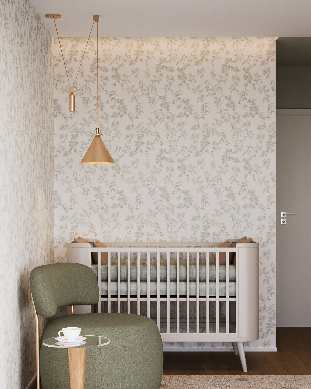 Um refúgio de calmaria e afeto.Nesse quarto de bebê, o verde oliva abraça o ambiente com serenid