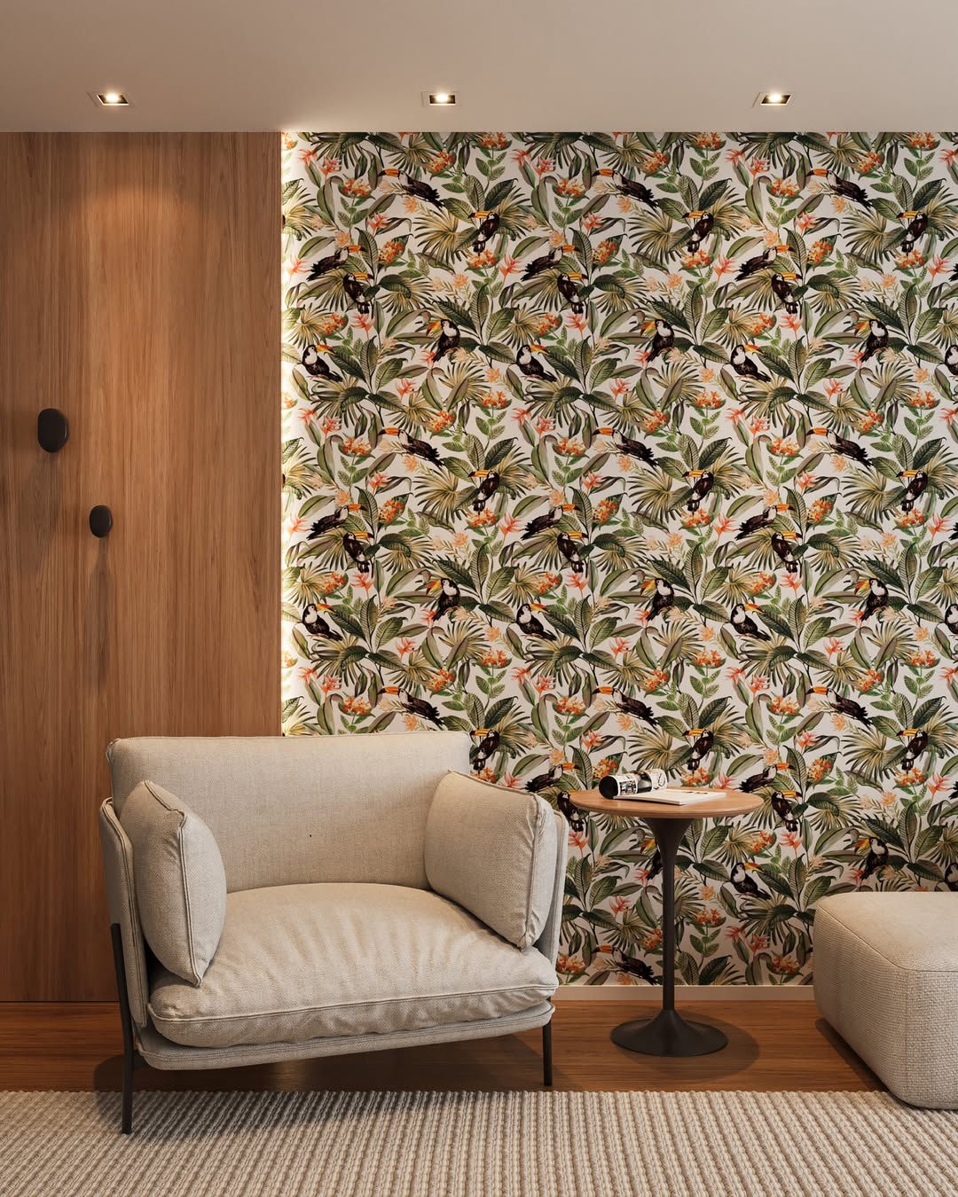 Uma parede que fala, uma estampa que encanta.Na coleção FLORA, os tucanos e as folhas ganham for